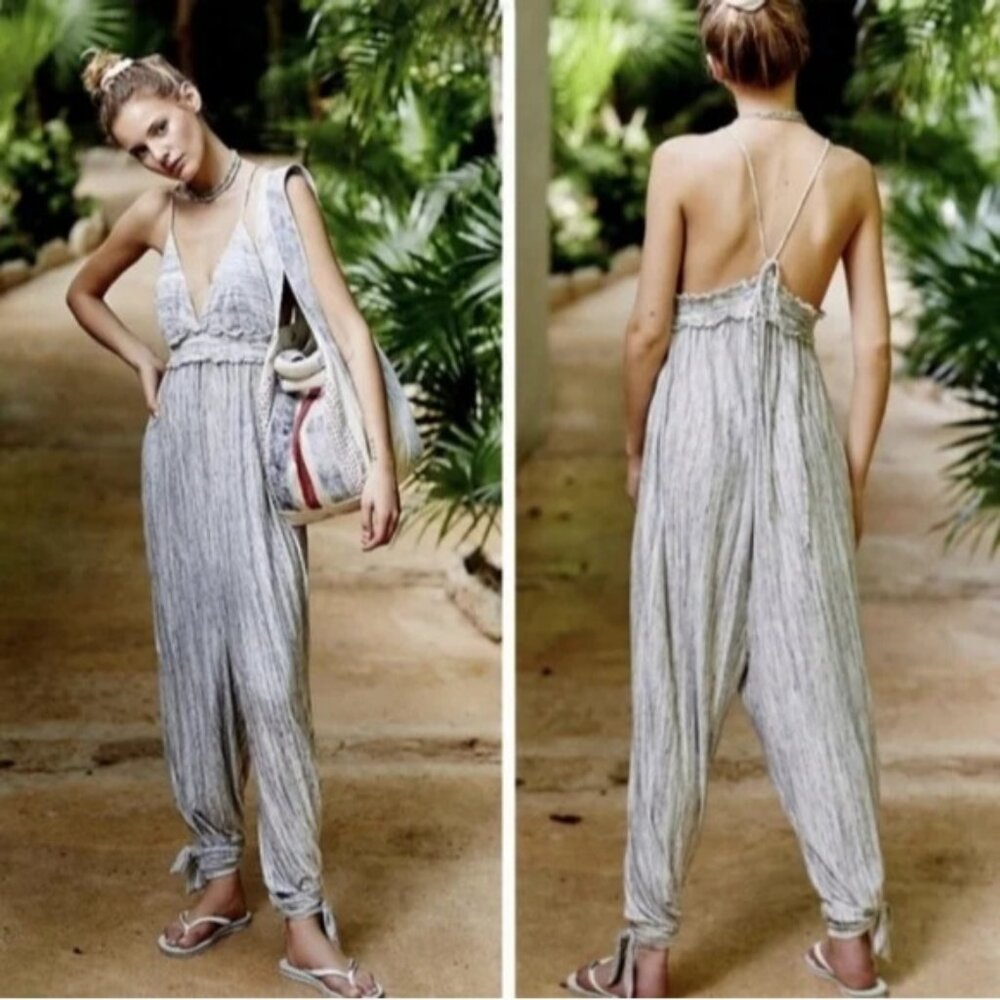Free People Beach Static Gray Malibu Harem Ankle Tie Jumpsuit Womens Size Small